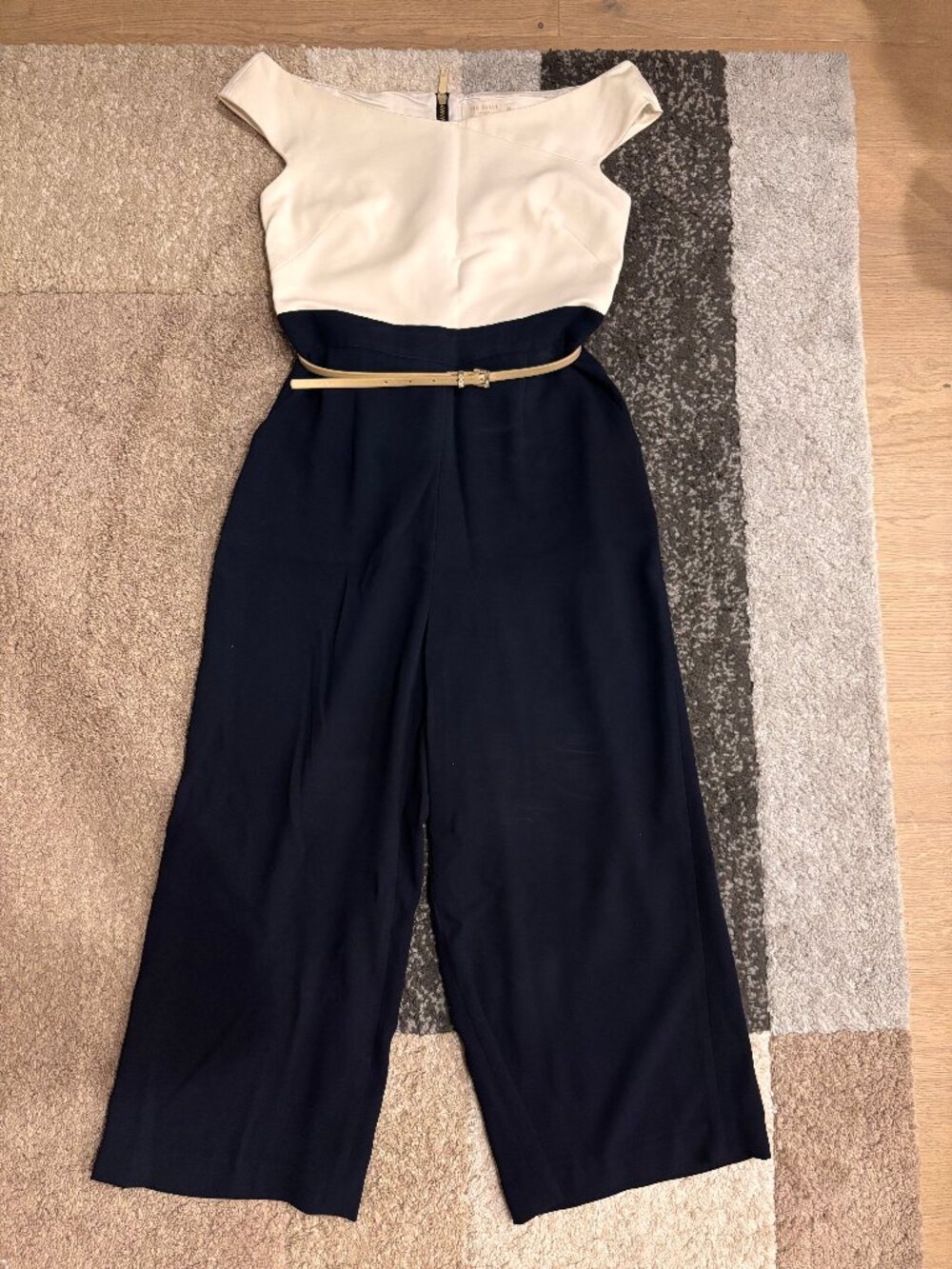 Ted Baker Off Shoulder Jumpsuit White & Navy Wide Leg Belted